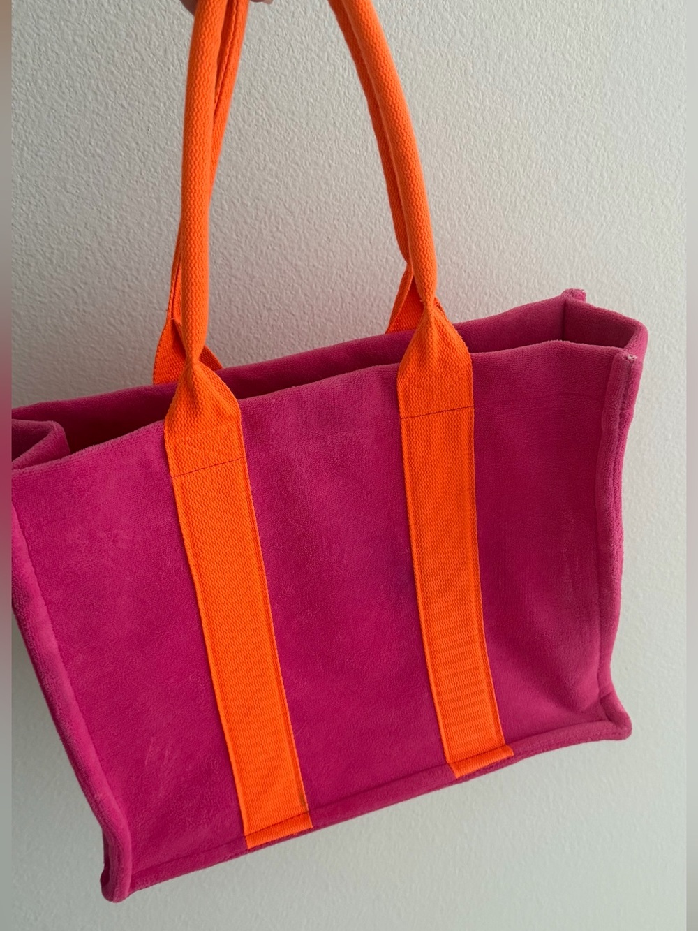 Vibrant Pink Suede Tote with Orange Canvas Handles - one bag